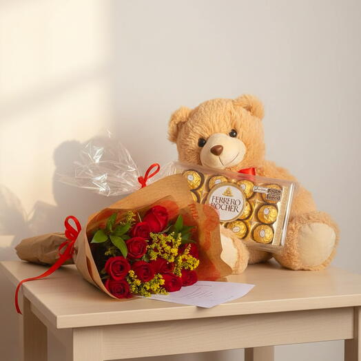 Buque de Rosa s c Pelucia e Chocolate