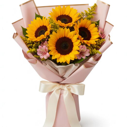 Buquê Abraço Apertado - Girassois e Astromelias cor de Rosa