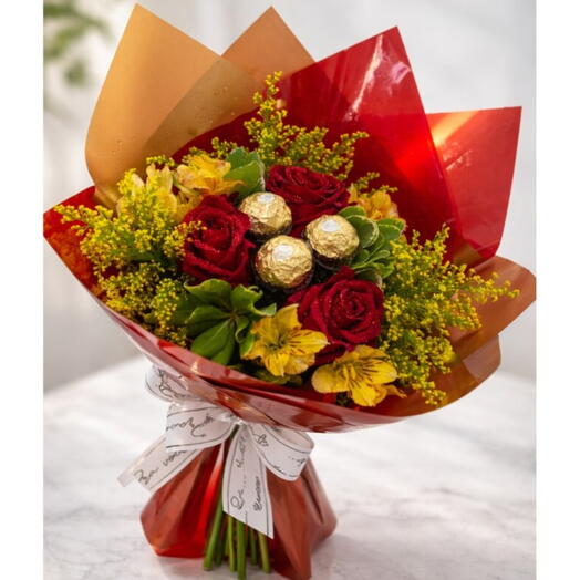 Buquê 3 Rosas e 3 Ferrero Rocher