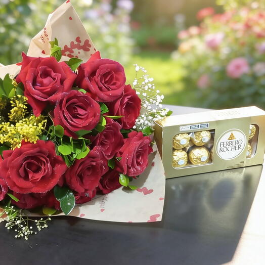 Buquê de 10 rosas + Ferrero