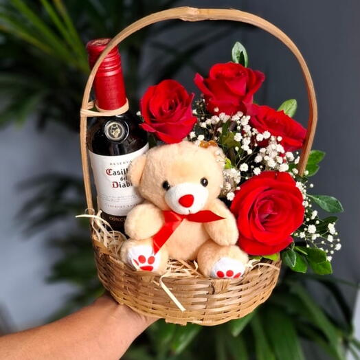 Cesta Vinho   Urso   Rosas P