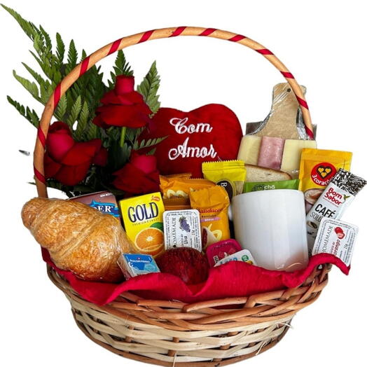 Cesta de Cafe com Rosas e Pelucia