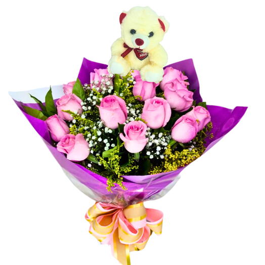 Buquê 12 Rosas Elegância Urso
