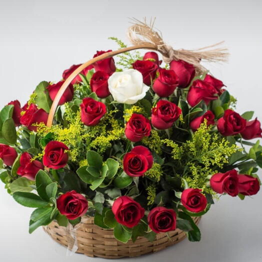 Cesta de 39 Rosas Vermelhas e 1 Rosa Solitaria de Outra Cor