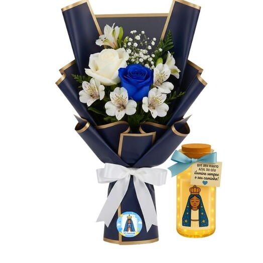 Mini buquê de rosa azul e branca com astromelias brancas + Potinho iluminado
