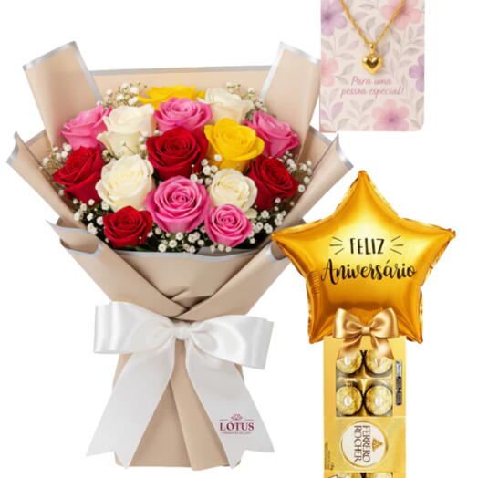 Kit Seu Dia Mais Feliz! - Buquê de 15 Rosas Coloridas + Balão com Chocolate + Colarㅤㅤ