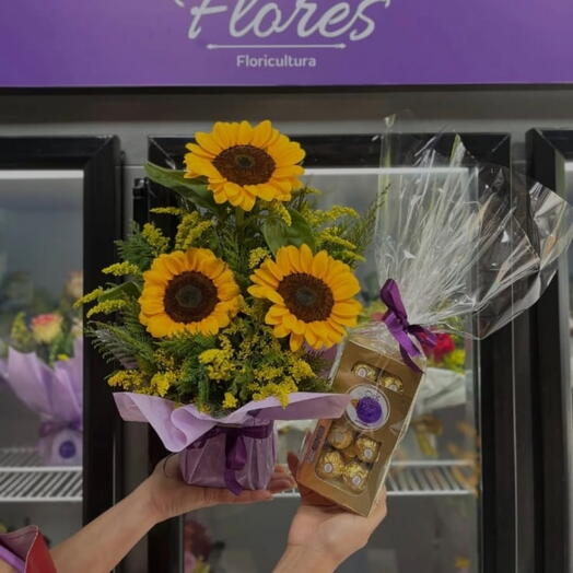 Trio de Girassois no vaso + Ferrero