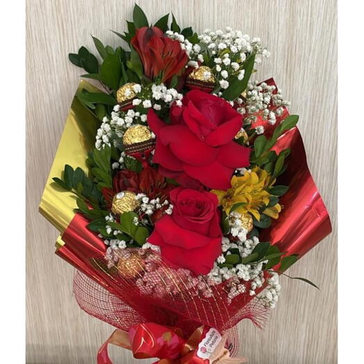 Buquê com 2 Rosas Colombianas e Ferrero Rocher