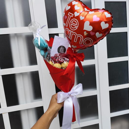 Buquê de Chocolate com Ferrero Rocher e Rosa Mini Flor + Pelucia, Balão coração e Bilhete